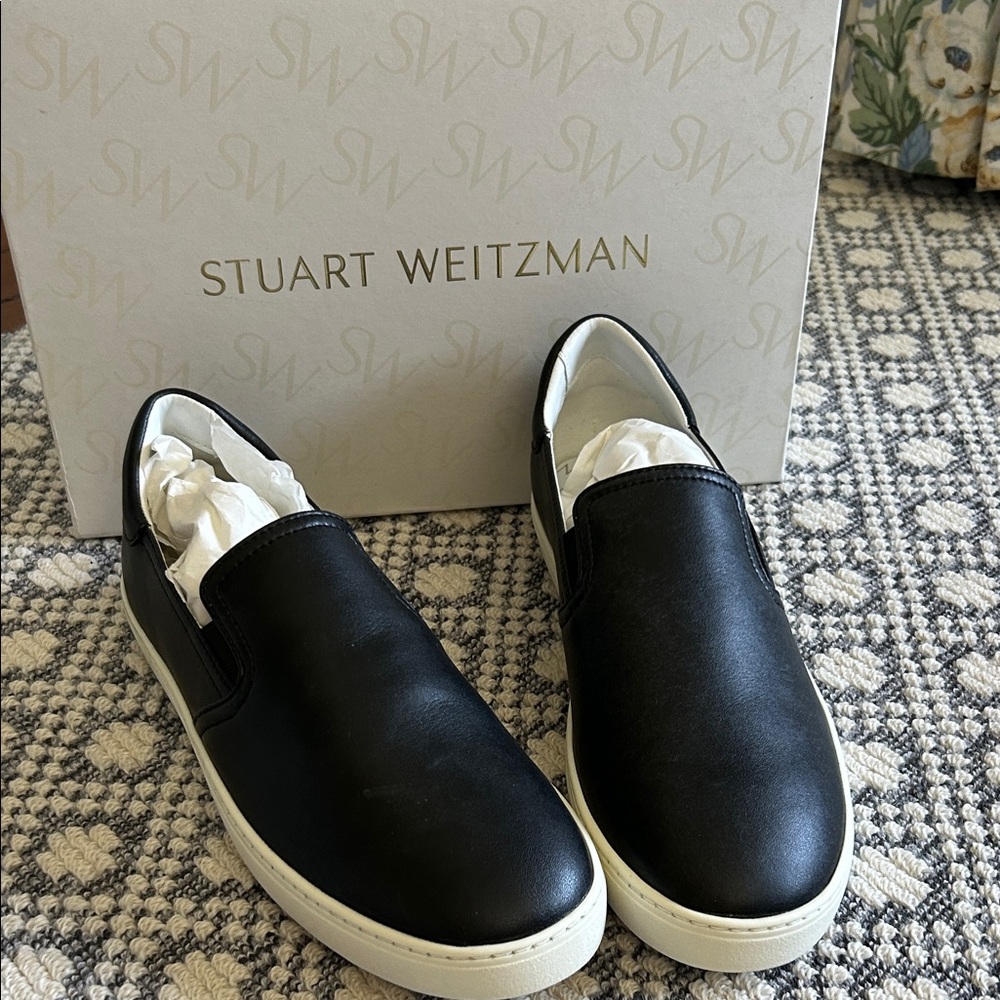Stuart Weitzman Black Leather women’s slip on sneakers